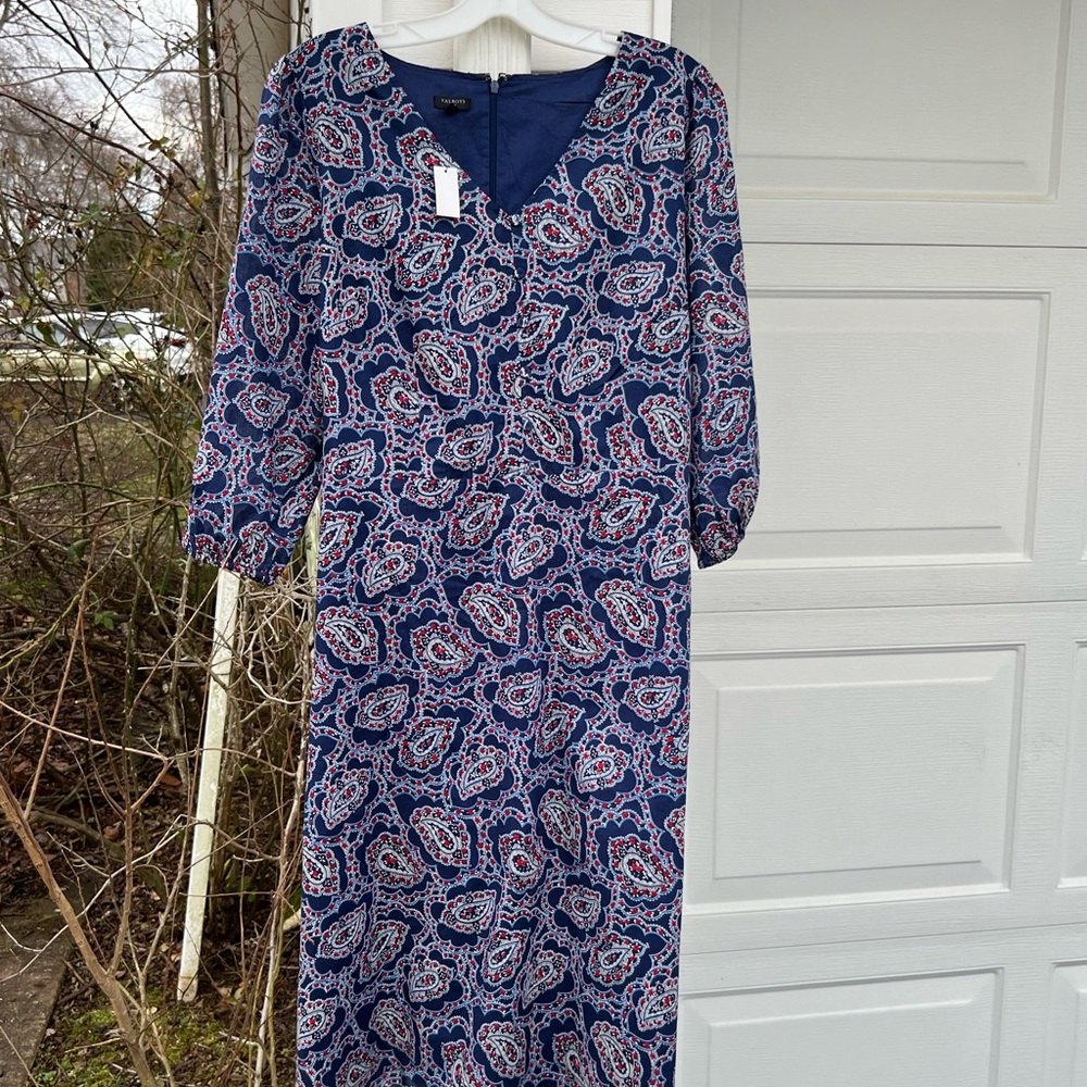 NWT Talbots Pretty Blue Red White Floral V-Neck Cotton Lined Midi Dress
